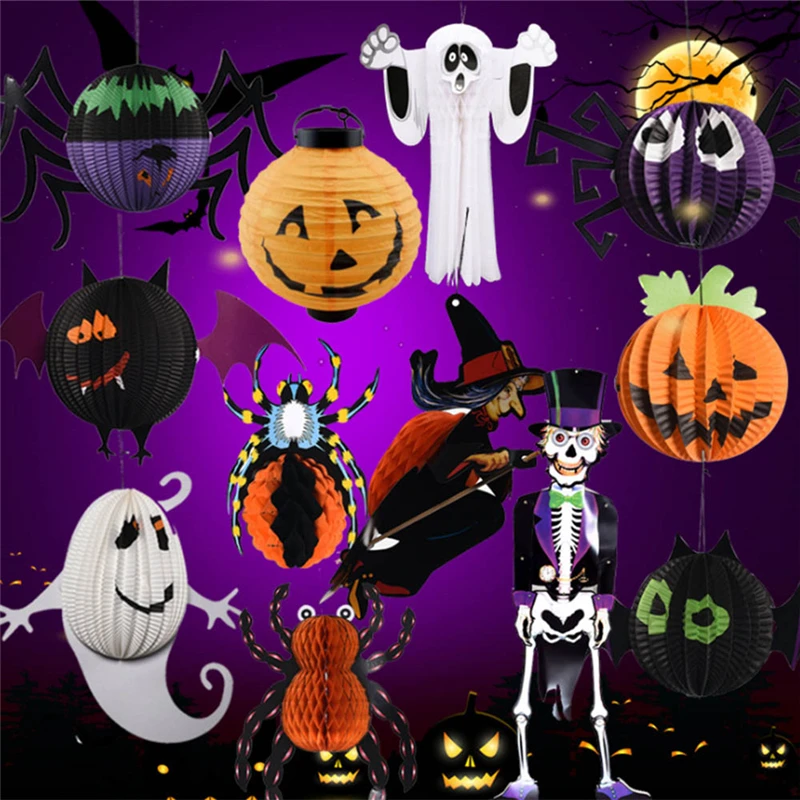 Halloween Party Hanging Decor декор Cartoon Ghost Witch Hanging Lantern Bat Spider Pumpkin Paper Decoration for Halloween Party