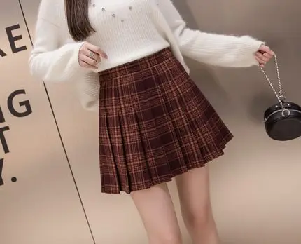 Sanishroly весенние женские шерстяные юбки с высокой талией, клетчатая юбка, японская Студенческая трапециевидная мини-юбка плиссе, Saia, плюс размер 3XL SE418 - Цвет: Бургундия