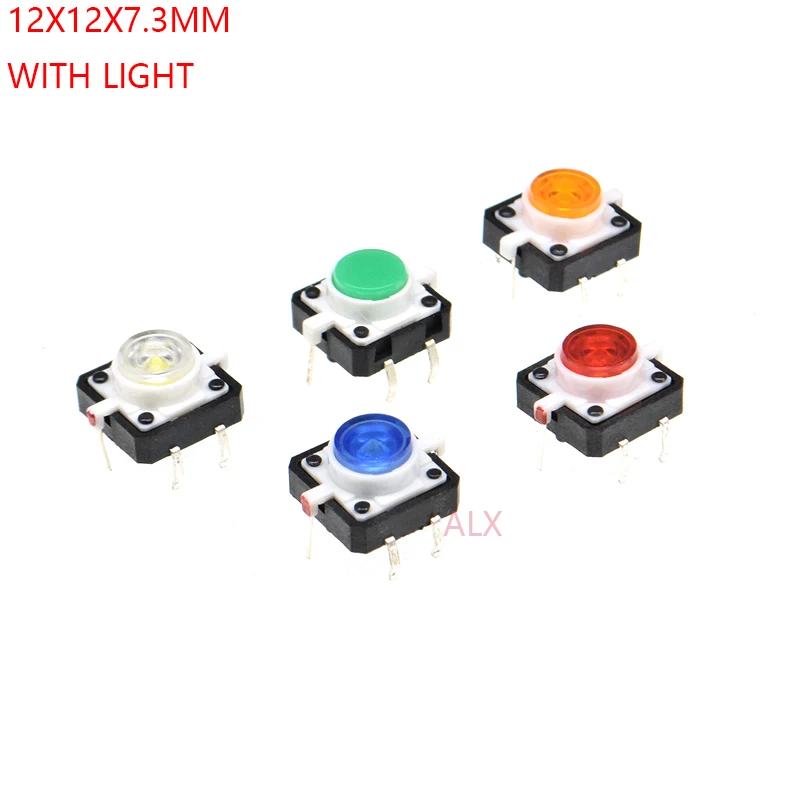 

5PCS 5 color 12X12x7.3mm 4PIN dip TACT push button switch with light led Micro key power tactile switches 12x12x7.3 12*12*7.3MM