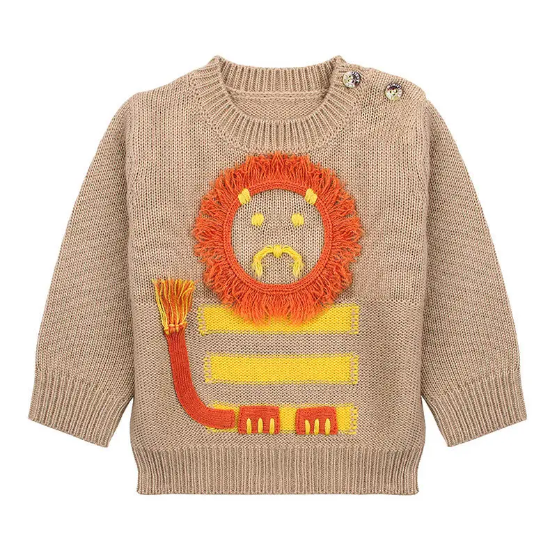 Зимняя одежда с забавным рисунком льва для девочек и мальчиков, 6 мес.-24 мес. пуловеры с круглым вырезом для малышей, свитеры с вышивкой для новорожденных, DC328