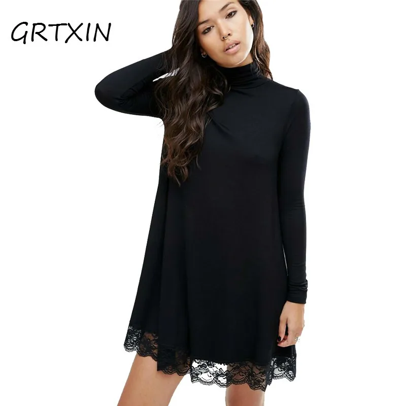 

2018 Autumn Women's Long Sleeve Tunic Winter Dress Crochet Turtleneck Black Lace Dress Female Casual Dress Winter Dresses Women
