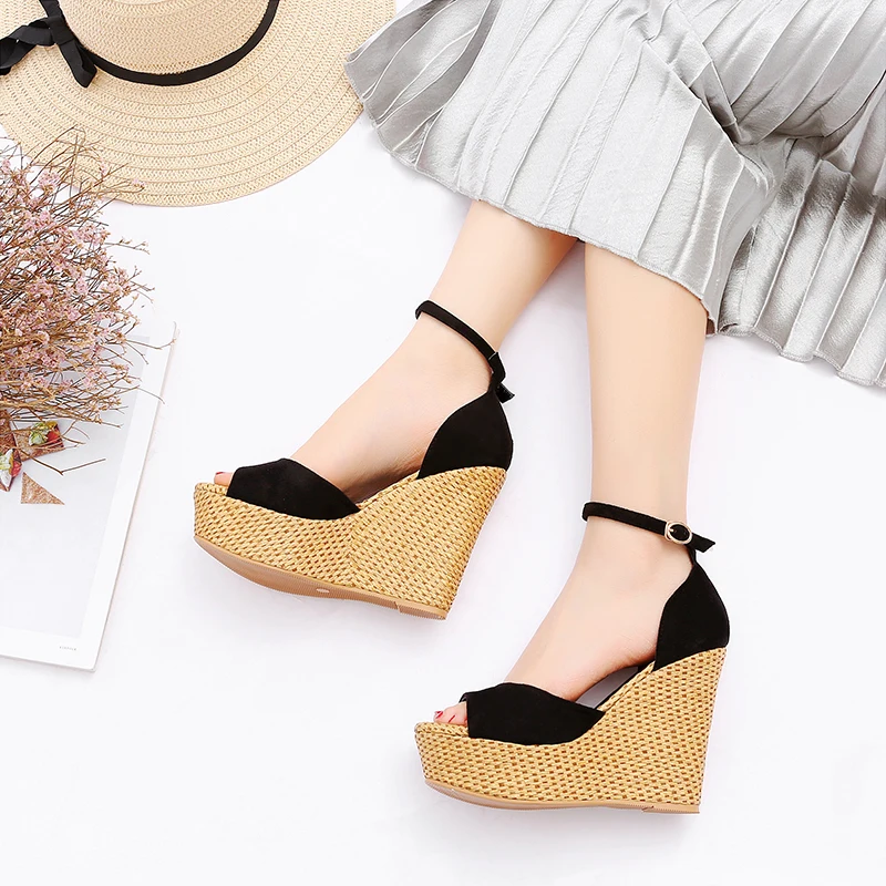 Fashion Women High Heels Summer Sandals New Arrival Open Toe Straw Wedges Platform Buckle Strap Casual Shoes Woman Green Black (12)