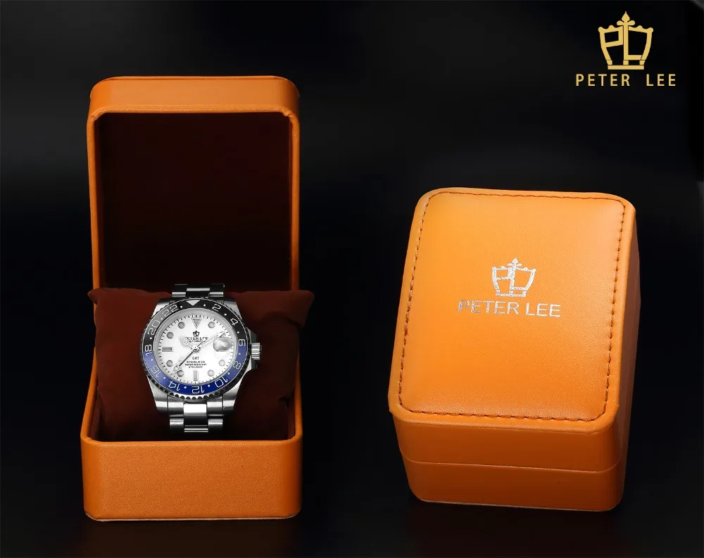 Часы PETER LEE классические мужские часы Rotatig с ободком GMT водонепроницаемые полностью стальные автоматические механические мужские часы лучший бренд класса люкс reloj