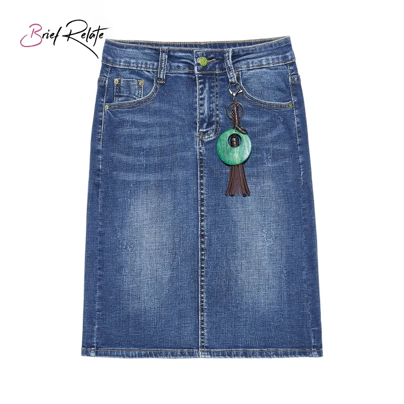Короткие соотносительные синие джинсовые юбки из денима полудлины с разрезом сзади, одношаговые юбки, отбеленный светильник, синяя эластичная Металлическая пуговица