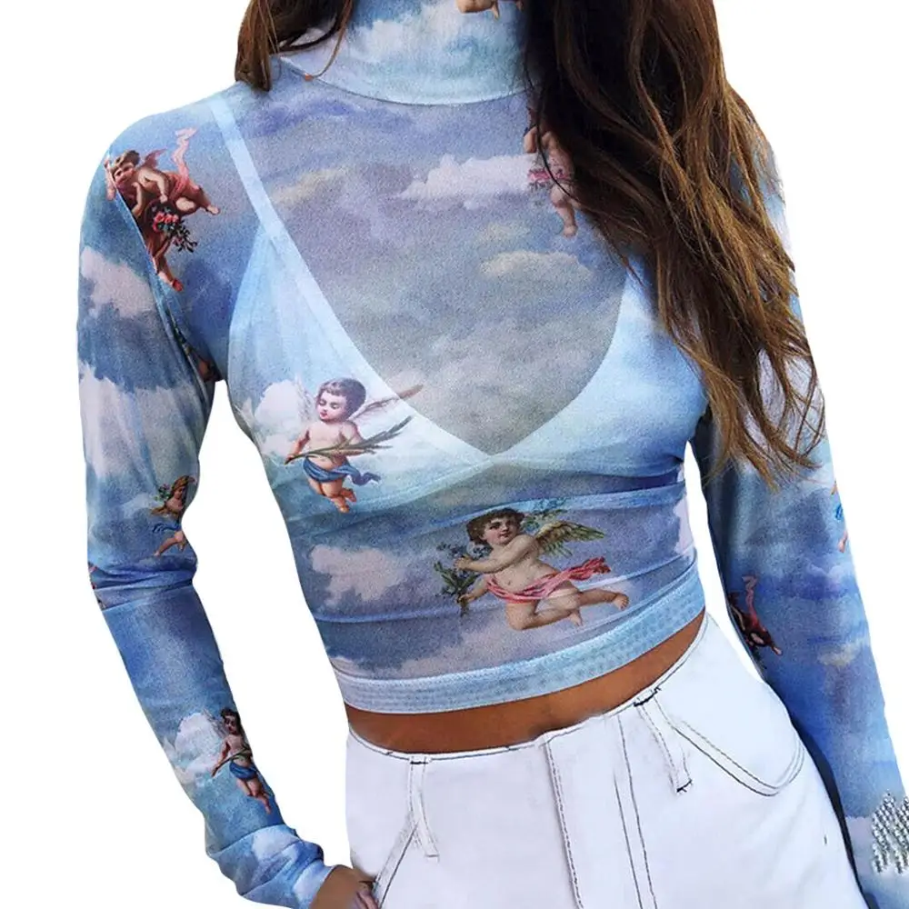 

2019 Sexy Women Tops Angel Print Mesh Sexy T Shirt Crop Top O-Neck Long Sleeve Slim Streetwear Tee Shirt Female Blusas Mujer BB4