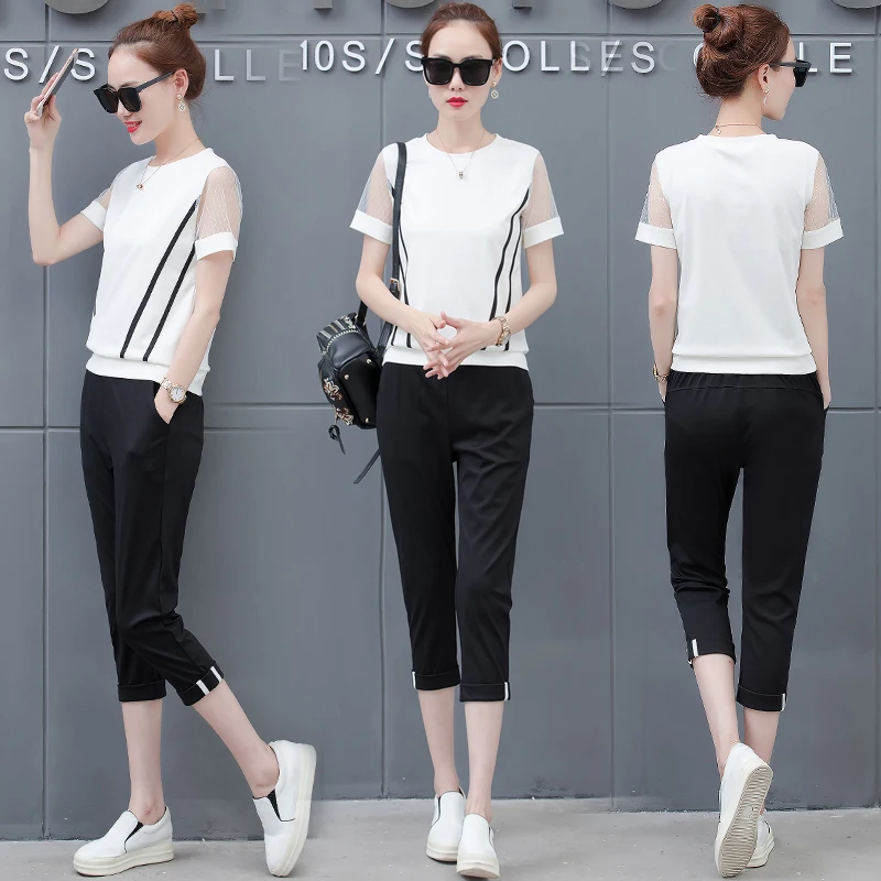 

Black and White Outfits for Women 2019 Summer Outfit Two 2 Pieces Short Pant Crop Top Tracksuits Plus Size Large Striped Clothes