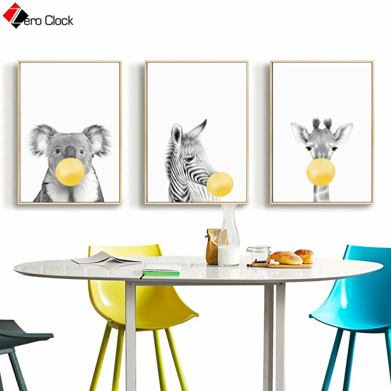 Zebra Elephant Giraffe Koala Canvas Painting Bubble Gum Poster Safari Animal Print Black and White Wall Art Baby Room Decor Zebra Elephant Giraffe Koala Canvas Painting Bubble Gum Poster Safari Animal Print Black and White Wall Art Baby Room Decor