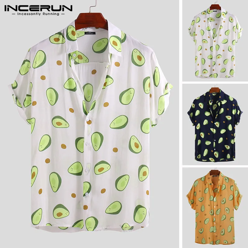 

INCERUN Summer Avocado Print Men Shirt Turn-down Collar Short Sleeve Casual Beach Hawaiian Shirts Men Streetwear Camisa 2019 5XL