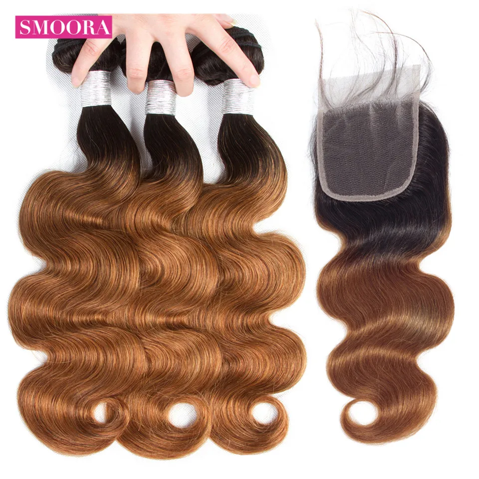 

SMOORA Ombre Color Bundles with Closure Brazilian Body Wave 3 Bundles with Closure Ombre Blonde 1B/27 30 99J Burgundy Remy Hair