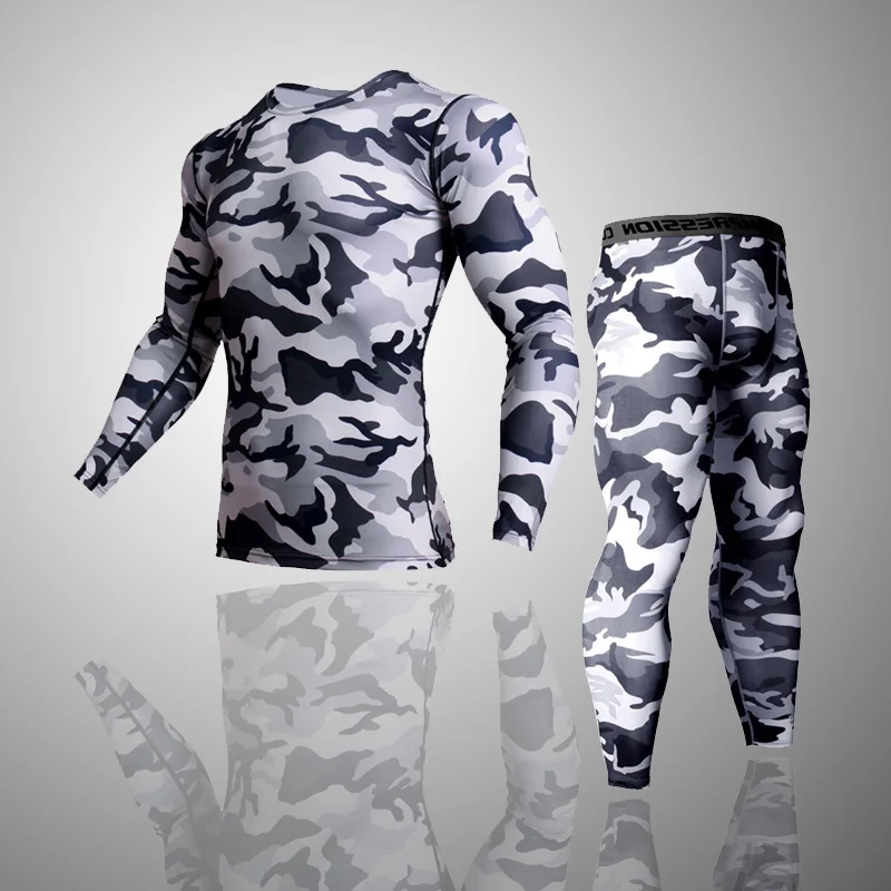 2 шт. спортивный костюм для мужчин сжатия ММА футболка с длинным рукавом Рашгард комплект толстовка+ леггинсы фитнес термобелье