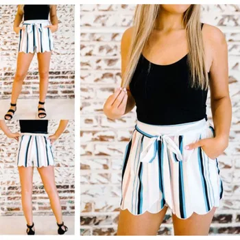 

Hot Fashion Shorts Womens Lace Up Striped Printed High Waist Loose Shorts Summer Casual Beach Shorts