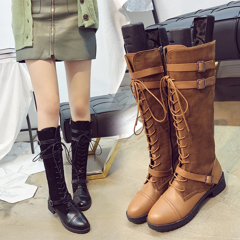 

Knee Boots women's long barrel flat boots 2019 fall new European and American rough and Martin boots strap Women's boots
