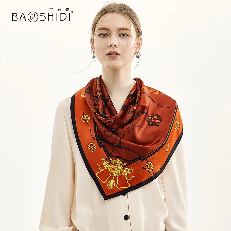 [BAOSHIDI] Новое поступление атласный шелковый шарф 90*90 большой квадратный шарф, роскошный брендовый дизайн, элегантный женский шарф - Цвет: 1021180670