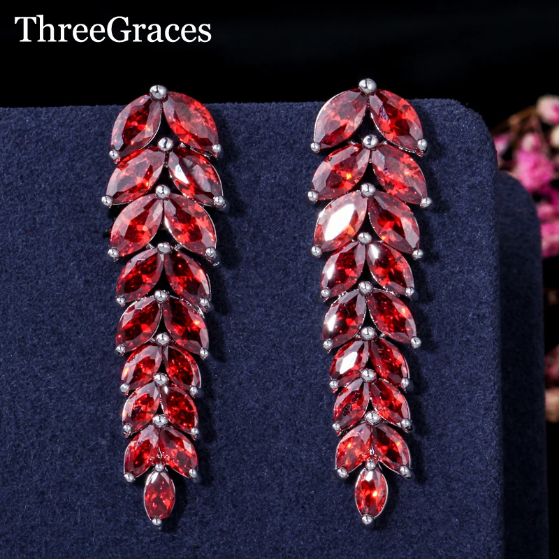 

ThreeGraces Luxury Brincos De Festa Jewelry Hot Red CZ Crystal Long Leaf Drop Earrings For Women Party Accessories ER086