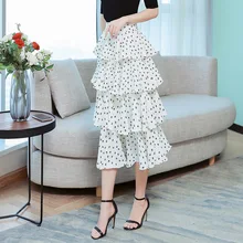 Шик для женщин Коллекция юбки для с принтом в горошек с драпировкой и оборками дамы шифон слоистых длинные готические Вечерние элегантная ЮБК