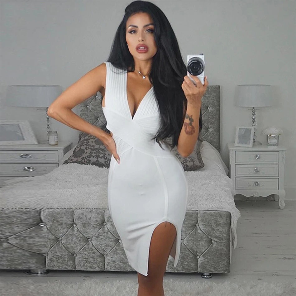 

2018 Newest Spring Bandage Dress Women Celebrity Party Sleeveless V-Neck Sexy Night Out Dress Women Bodycon Vestidos Wholesale