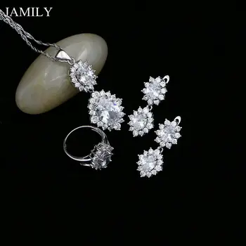 

JAMILY Noble White Cubic Zirconia 925 Silver Jewelry Sets Stud Earrings/Pendant/Ring/Necklace Wedding Decoration For Bridal