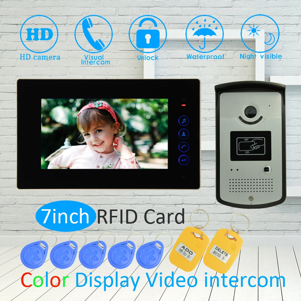 (1 SET) 1 to 1 Door intercom System For House 7 inch surface Monitor Wire type Video Door Phone Night Version Doorbell RFID