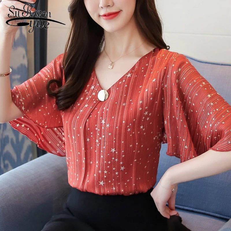 Модная шифоновая блузка женская рубашка Летняя с расклешенными рукавами плюс размер 4XL женские топы с принтом шифоновая блузка рубашка женская топ женский 0498 30