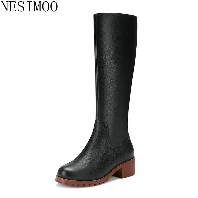 

NESIMOO 2019 Fashion Women Boots Round Toe Basic All Match Genuine Leather Square Med Heel Basic Zipper Ladies Shoes Size 35-43