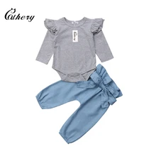 Cathery/модные хлопковые топы с оборками для новорожденных девочек; комбинезон с бантом; джинсовые штаны; осенняя одежда