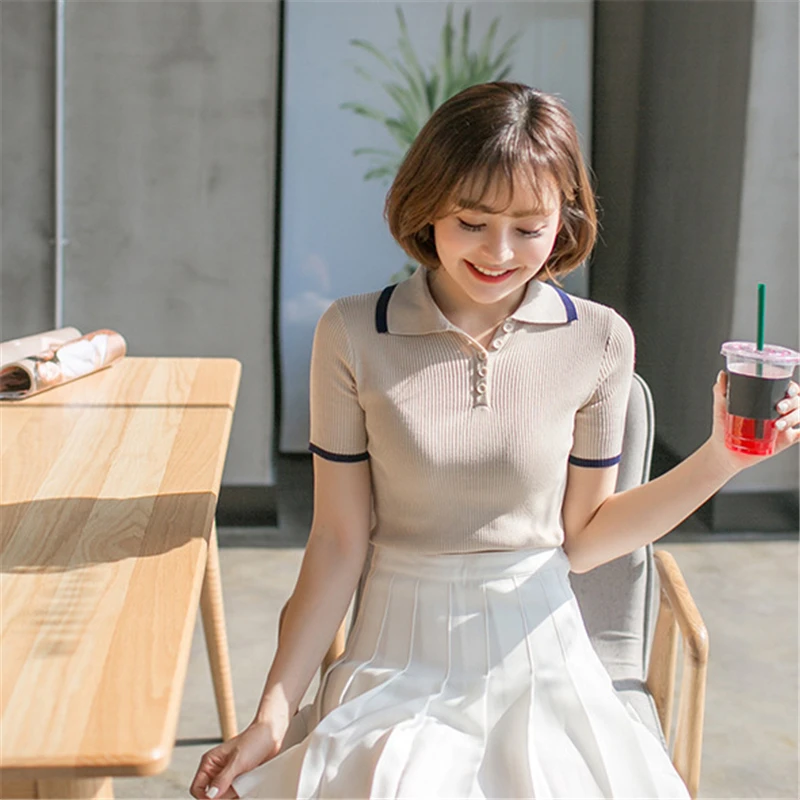 

2019 Summer New ice silk lapel T-shirt Female college wind Short-sleeved Tops Fashion Simple Slim Women T-shirt W056