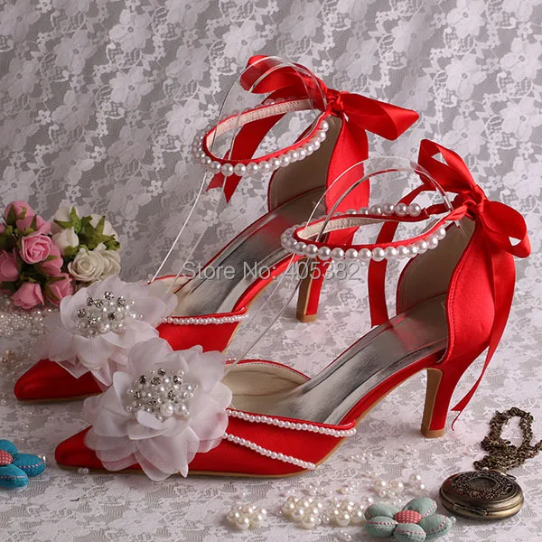 Discount Beaded Pointed toe Sexy Mid heel Red Women Bridal Shoes Fast