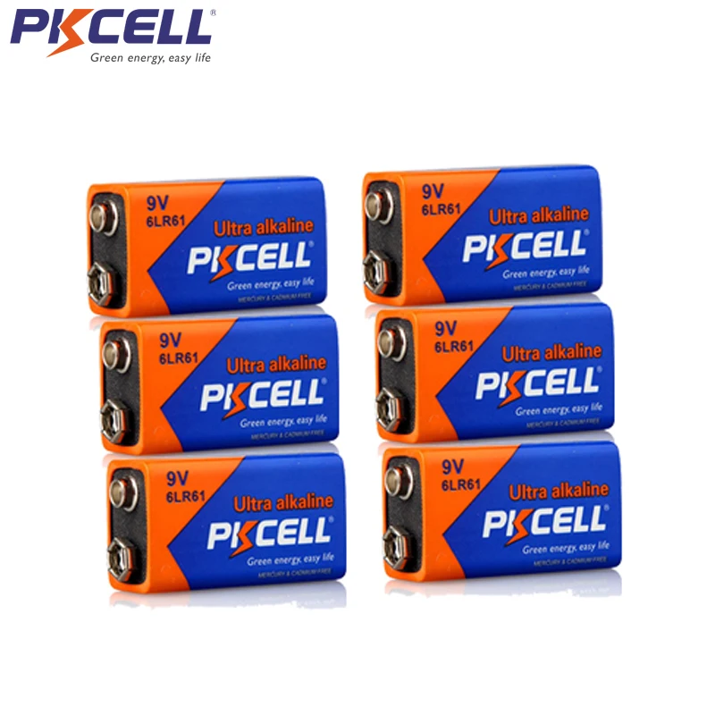 6 шт. PKCELL 9V 6LR61 щелочной Батарея 1604A 6AM6 MN1604 522 супер сухие батареи для индикатор дыма