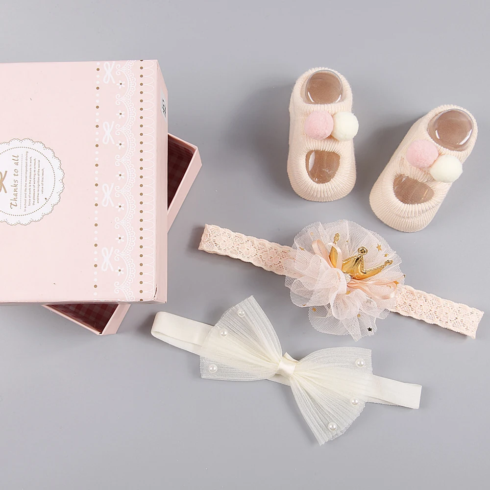 

For 0-6months Newborn Socks+2pcs Headband Accessories Set Baby girls Crown Chiffon Flower Bowknot Headbands Infant Birthday Gift