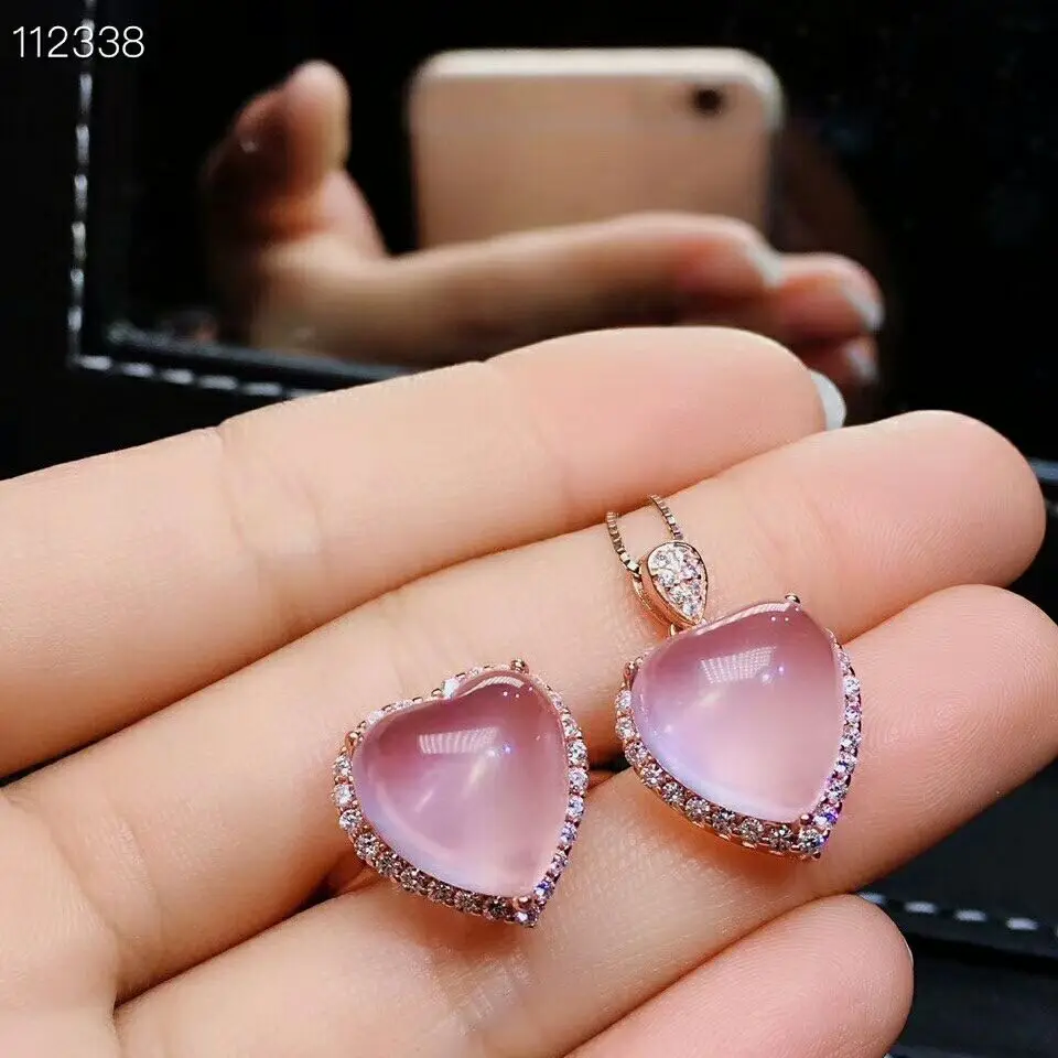 MeiBaPJ натуральный розовый кварц драгоценный камень Прекрасный Любовь Сердце Ювелирный Набор 925 Чистое серебро ожерелье и кольцо костюм для женщин