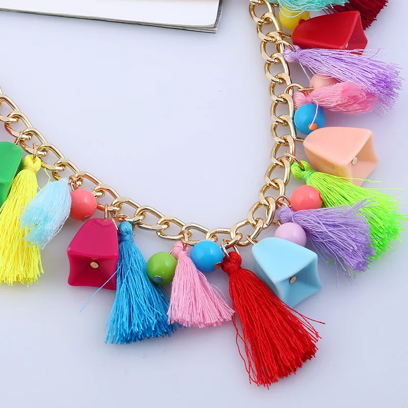 Модное хлопковое ожерелье с помпоном и кисточками с бусинами, разноцветное этническое ожерелье в богемном стиле