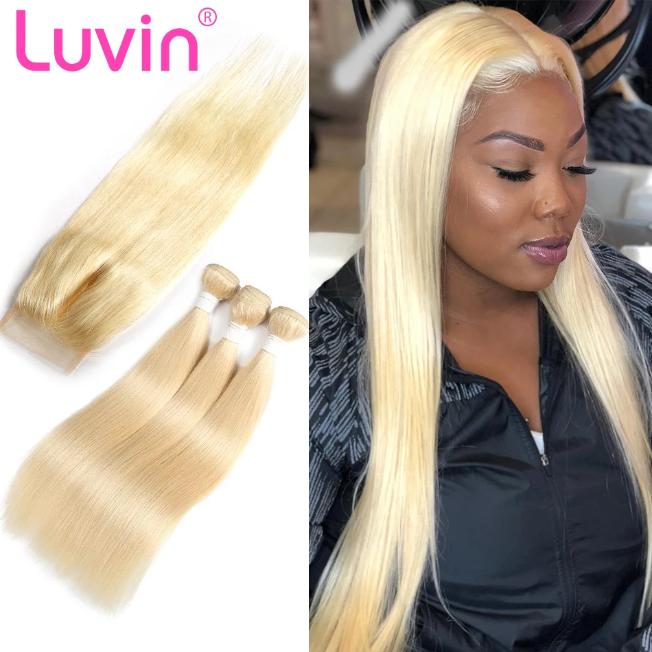 

Luvin 28 Inch 613 Honey Blonde Bundles with Closure Brazilian Straight Human Hair Weave Remy Hair Bundles With 4X4 Lace Closure