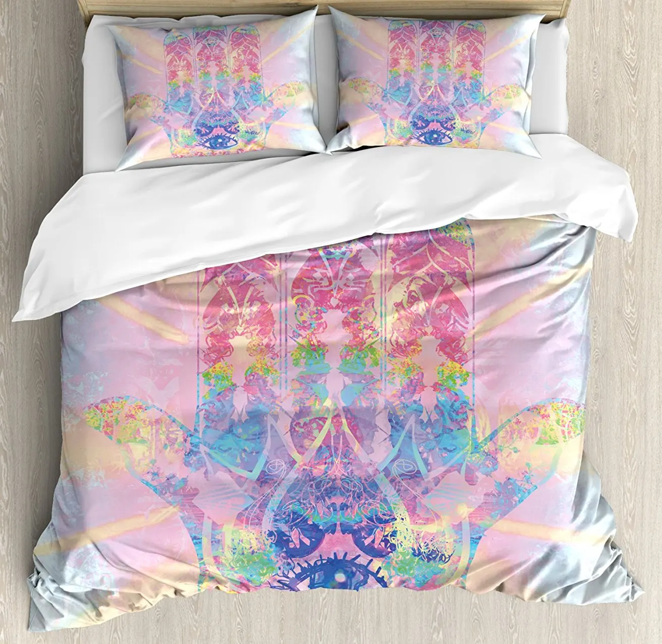 

Hamsa Duvet Cover Set, Spiritual Energy Flow Aura Inspired Design Harmony Yoga Meditation Theme 4 Piece Bedding Set
