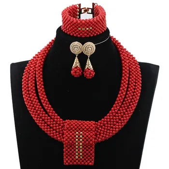 

Fantastic Wedding African Coral Beads Jewelry Set Handmade Party Bridal Statement Necklace Earrings Set HX739