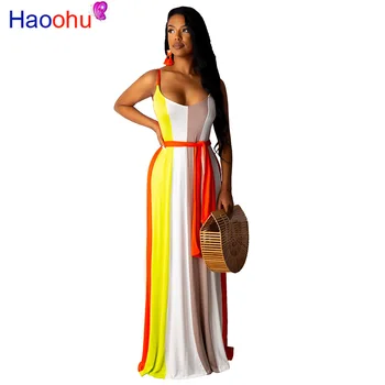 

2019 Fashion Summer Women Sexy Long Dress Striped Yellow Off Shoulder Sleeveless Maxi Dress Loose Casual Beach Sundress Vestidos