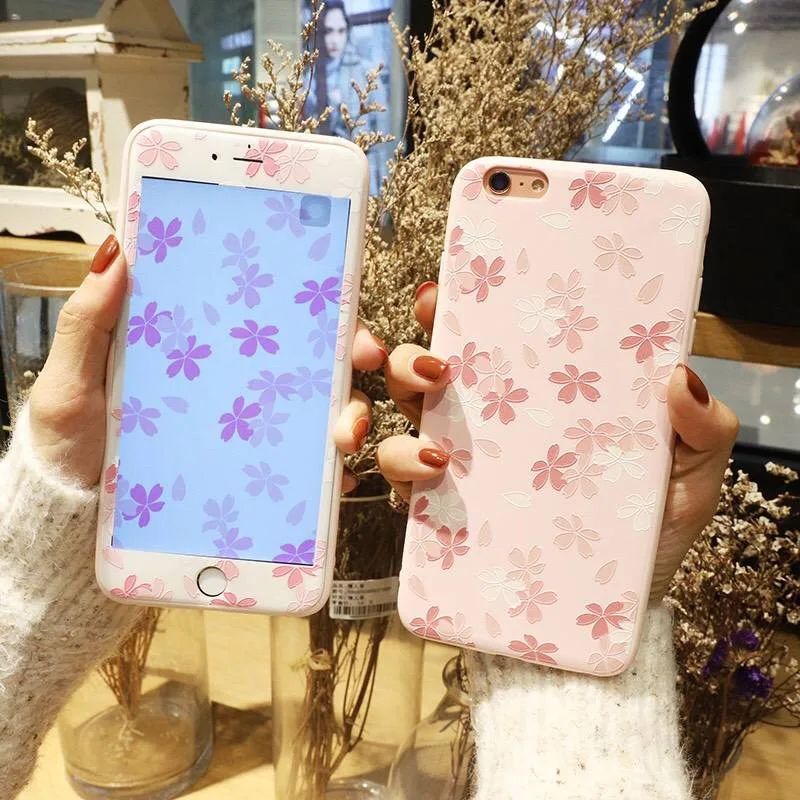 

Rlenda Flowers Pink Strawberry for iphone 6 6s 7 8 Plus TPU cases+3D Edge Screen Protector Tempered Glass Film Protective cover
