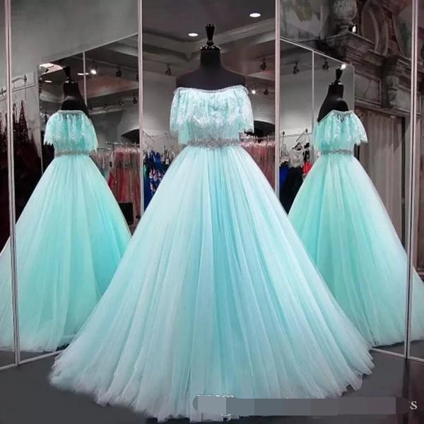 Пышные платья с открытыми плечами vestidos de 15 anos длина до пола Выпускные платья с хрустальным поясом сладкое 16 бальное платье - Цвет: Синий