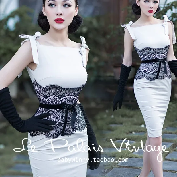 

30- le palais vintage 50s black lace detail wiggle pencil dress in white elegant Audrey Hepburn plus size vestidos jurken robe
