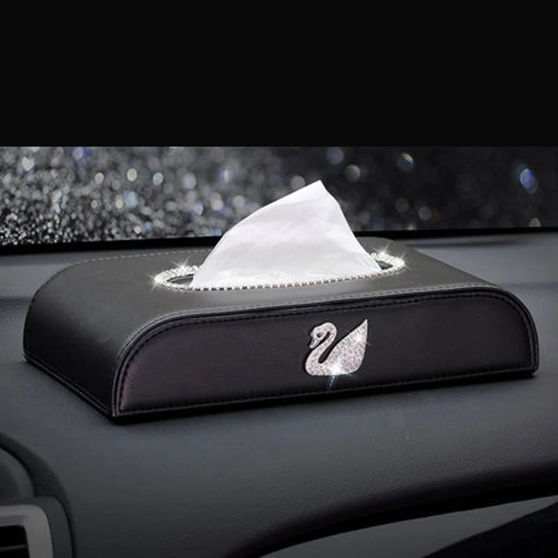 

Swan Car Tissue Box Leather with Crystal Rhinestone Paper Tower Storage Boxes Diamond Block Type Auto Tissue Case Covers Holder