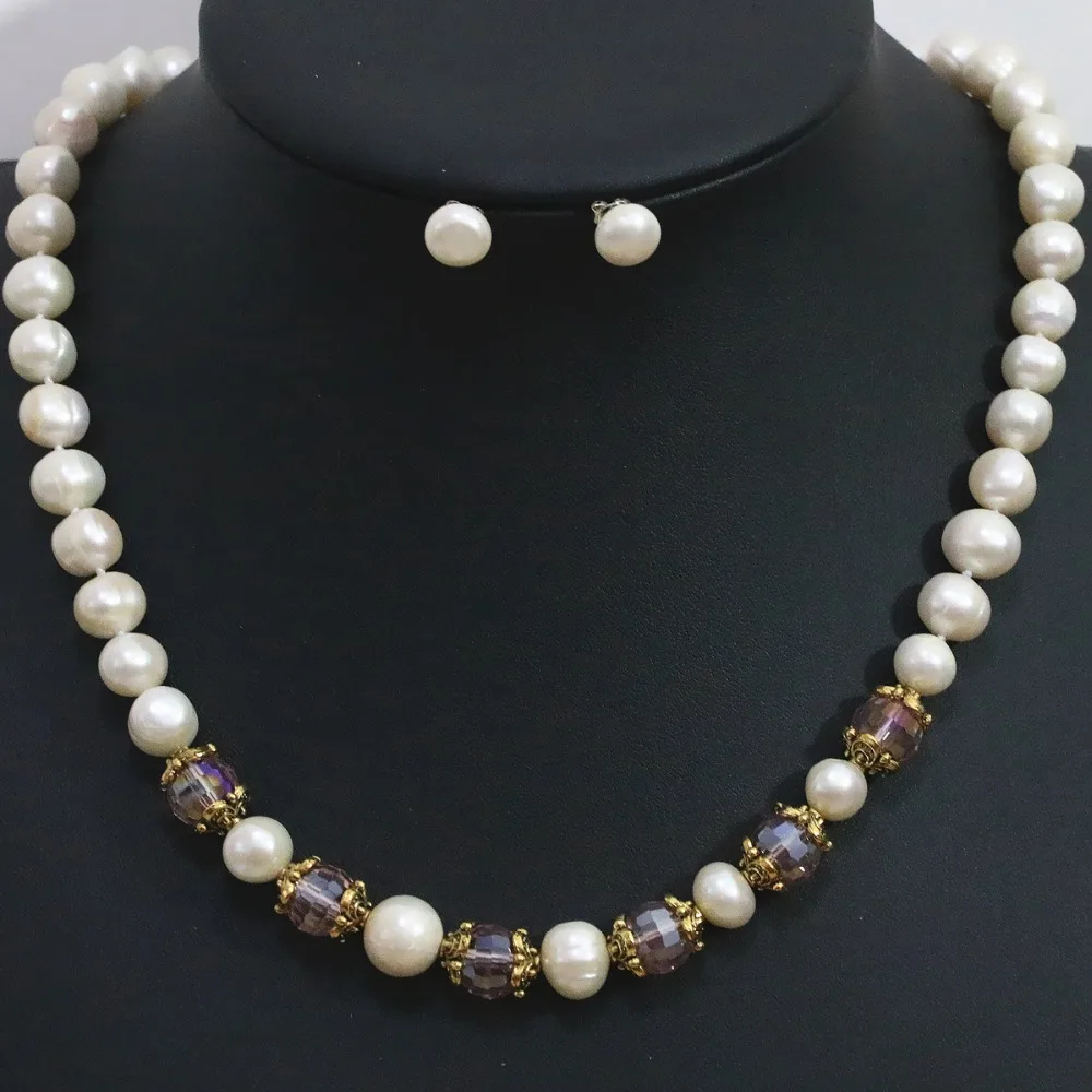 Hot sale 9-10mm elegant natural white freshwater round pearl necklace earrings set crystal spacer beads women jewelry B1424 | Украшения и