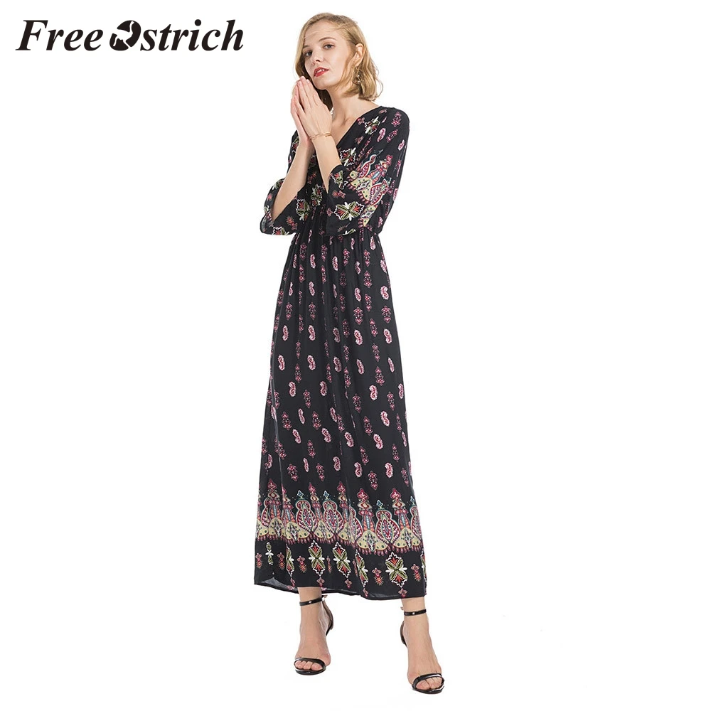 

Free Ostrich 2019 Women National Style V-neck Positioning Print Trumpet Sleeves Long Dress Summer Vintage Loose Dress For Women