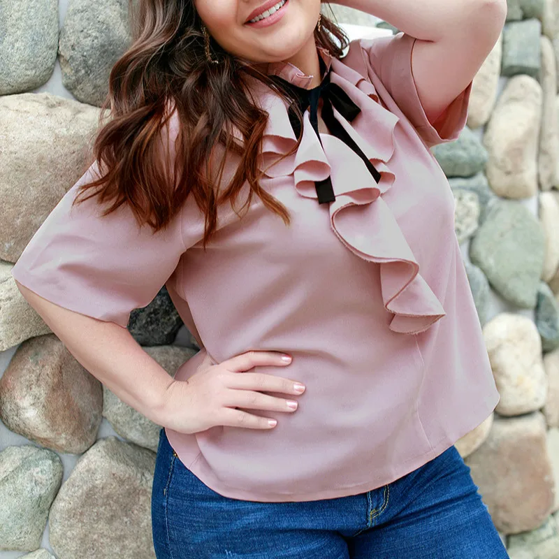 KM STYLISH Women Blouse Shirts Pink Female Big Size Plus Size 4XL Shirts Blusas Bow Short Sleeve Oversize Women Tops Mujer A058