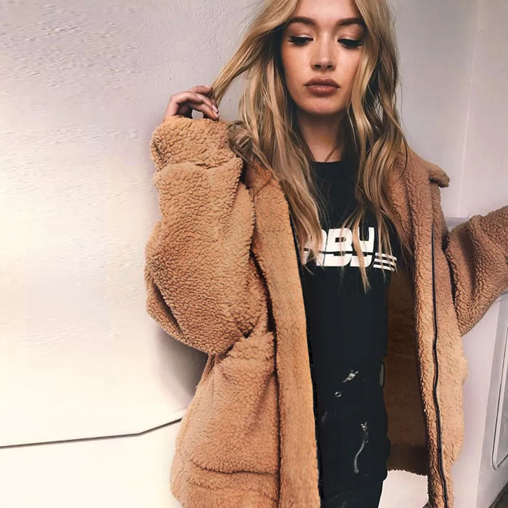 

New Fashion Autumn Fuzzy Faux Fur Teddy Bear Coat Jacket Women Fashion Overcoat Female Long Sleeve Pocket Jacket Plus Size 3XL