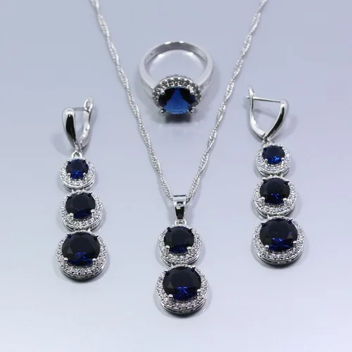 925 серебро Для женщин 4 комплект ювелирных изделий ААА+ качество синий Длинные серьги из циркония кольцо ожерелье кулон браслет Z71 - Окраска металла: 3PCS Ring Size     7