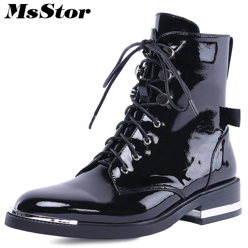 

MsStor Women Boots Fashion Round Toe Med Heel Ankle Boots Women Shoes Genuine Leather Metal Zipper Black Boot Shoes For Girl