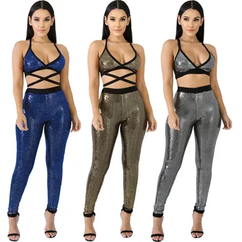 

Fashion Casual Sexy Solid Sequin Halter Strapless Strap Sleeveless Hollow Out Short Top Women Club Bodycon Jumpsuits