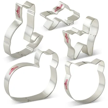 

KENIAO Cat Cookie Cutters Set - 5 Piece -Cat Face, Sitting/Curled/Frightened(Halloween) Cat & Goldfish Cutter - Stainless Steel