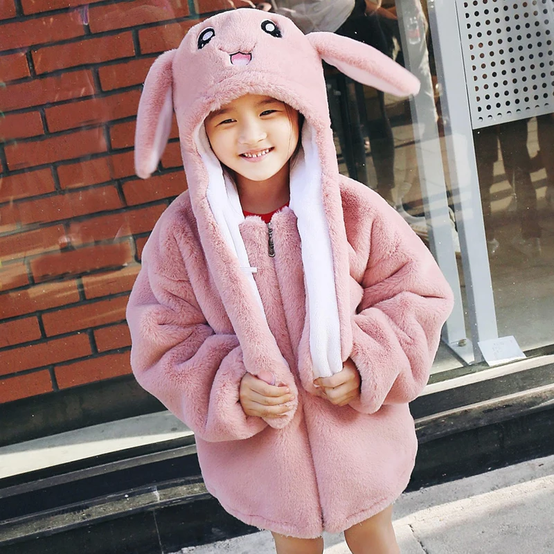 Sweet pink Rabbit Ears Hooded faux fur outerwear new loose long sleeve