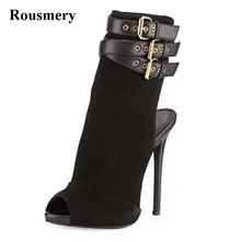 С открытым носком Для женщин модные замшевые Пряжка Дизайн Ботильоны супер высокой спинкой-гладиаторы полусапожки Представительская обувь