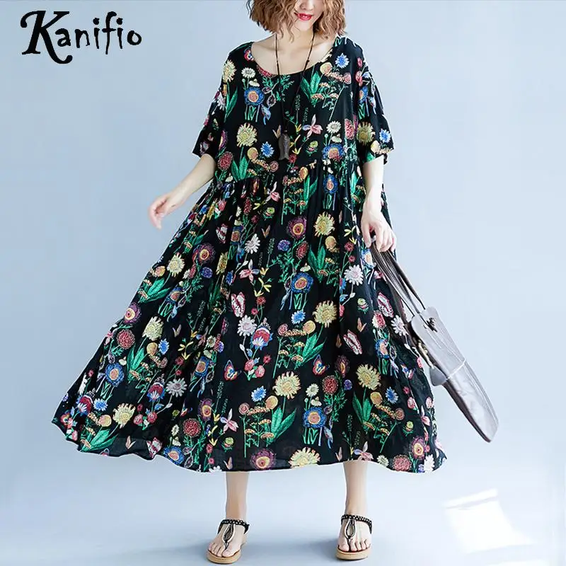 

Kanifio Oversize Women Plus Size Boho Beach Dress Summer 2019 Cotton Linen Maxi Long Bohemian Dresses Female Vestidios Femininos